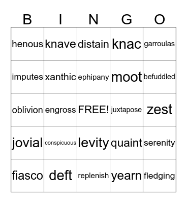 vocabulary  Bingo Card