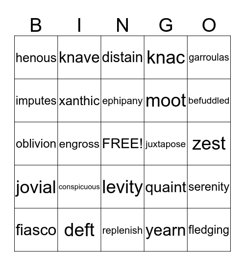 vocabulary  Bingo Card