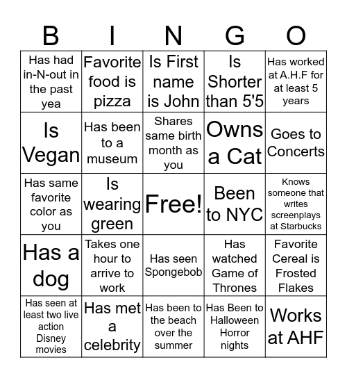 A.H.F Bingo: Find Someone Who... Bingo Card
