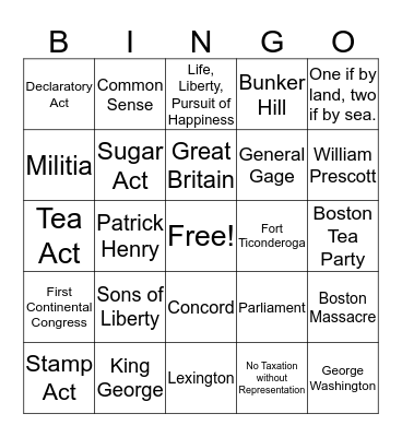 Road to the Revolution Bingo Card