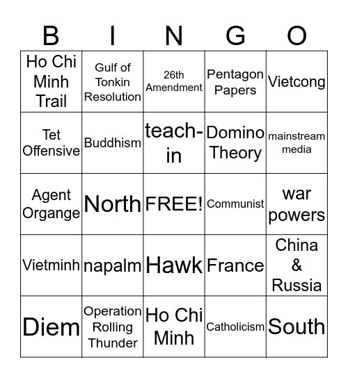 Vietnam War Bingo Card