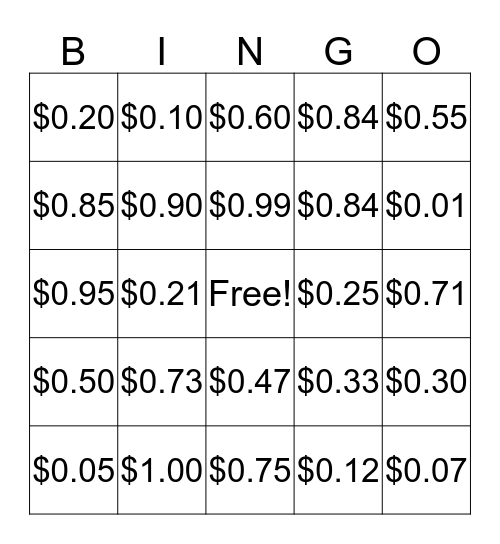 Money Bingo Card
