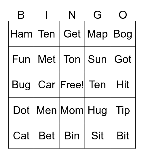 Short Vowels Bingo Card