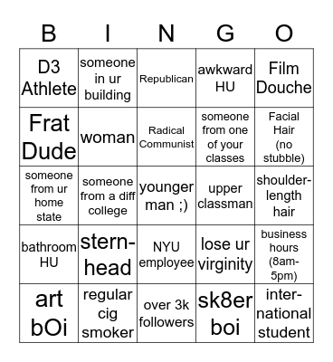 NYU Hook Up Bingo Card