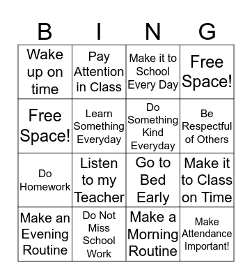 School Attendance Bingo Card