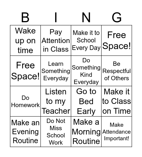 School Attendance Bingo Card