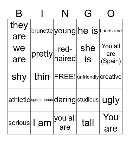 Los Adjetivos Semester Spanish Bingo Card