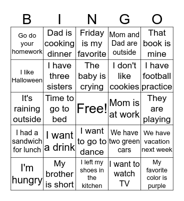 ASL Sentences Bingo Card