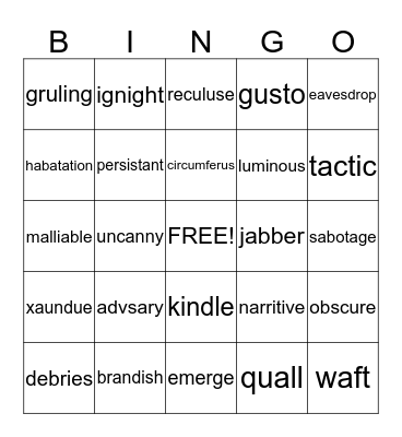 vocabulary  Bingo Card