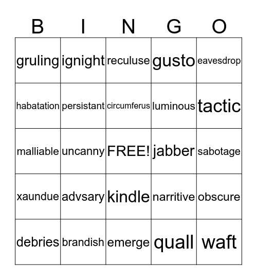 vocabulary  Bingo Card