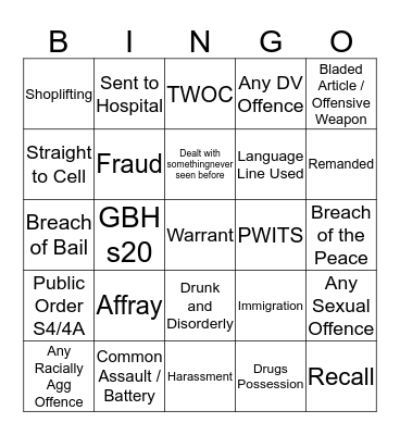 Custody Bingo Card