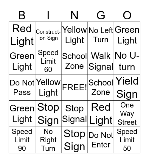 Traffic Sign Bingo Card