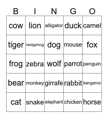 Animals Bingo Card