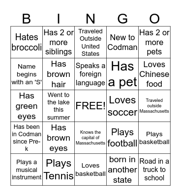 Classmate Bingo Card