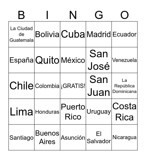 Los países hispanohablantes y las capitales Bingo Card