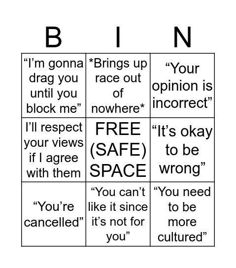 Self-Important SJW Bingo Card