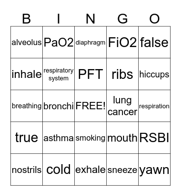 Respiratory System Game Bingo Card