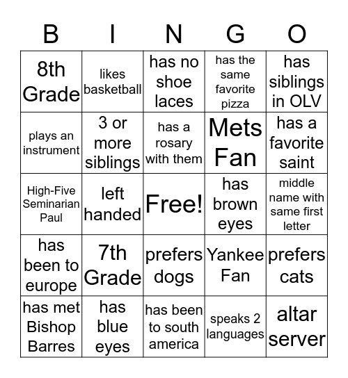 Sodality  Bingo Card