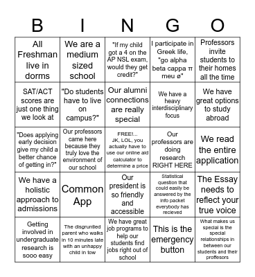 Info Session & Tour Bingo Card