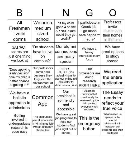 Info Session & Tour Bingo Card