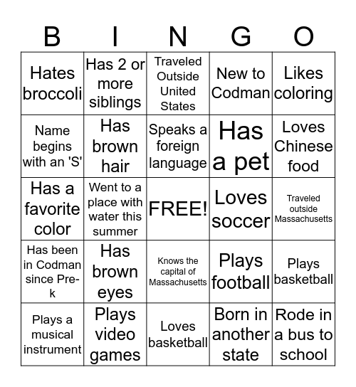 Classmate Bingo Card