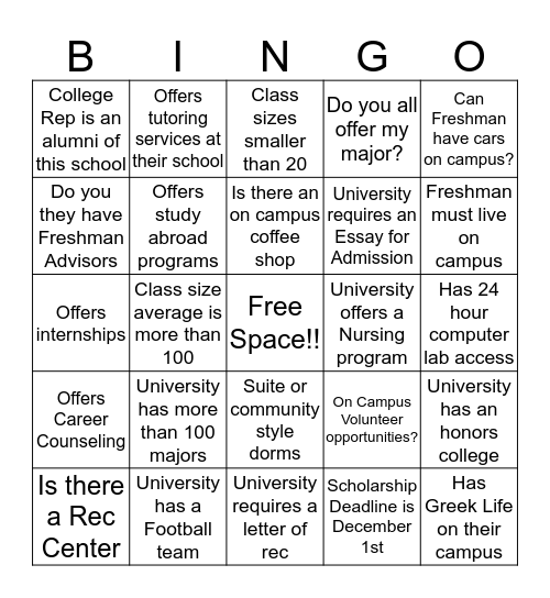 College Fair Bingo! Bingo Card