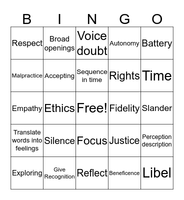 Therapeutic Relationship & Law Bingo Card