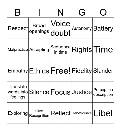 Therapeutic Relationship & Law Bingo Card