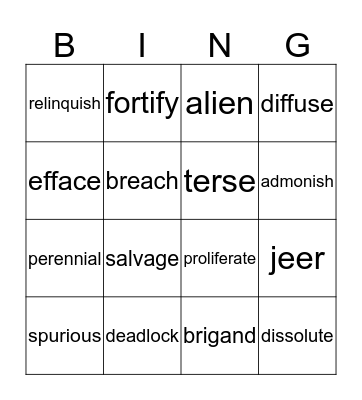 VOCABULARY BING Bingo Card