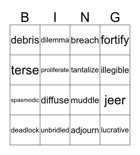 VOCABULARY BING Bingo Card