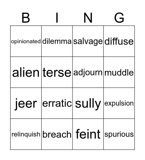 VOCABULARY BING Bingo Card