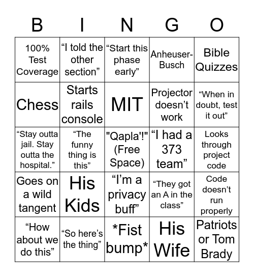 Prof H Bingo Card