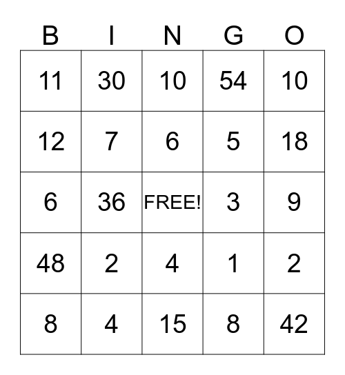 Multiplication/Division Bingo Card