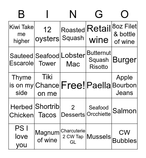 Dinner Bingo Card