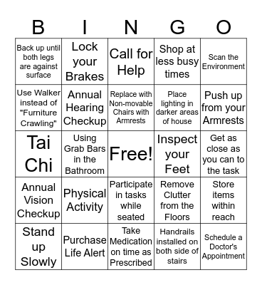 Fall Prevention Bingo Card