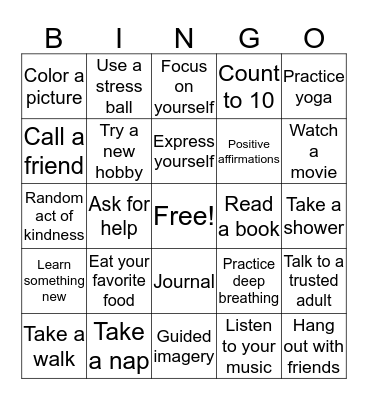 Coping Skills Bingo Card