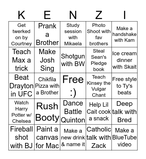 Kenzi Bingo Card