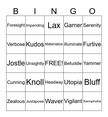 English Bingo Card