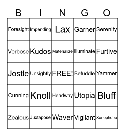 English Bingo Card