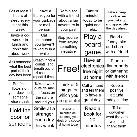 Week 3 Stress Less & Smile Bingo Card