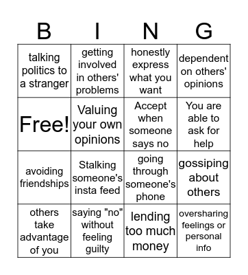 Relationship Boundaries Bingo Card