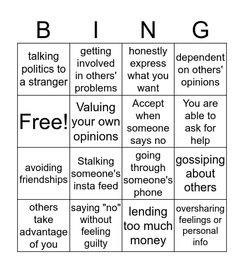 Relationship Boundaries Bingo Card