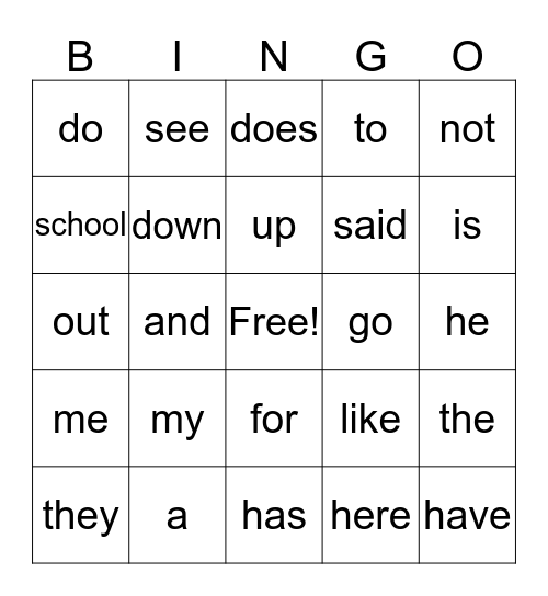 U1 W2 Heart words Bingo Card