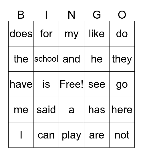 U1 W1 Heart words Bingo Card