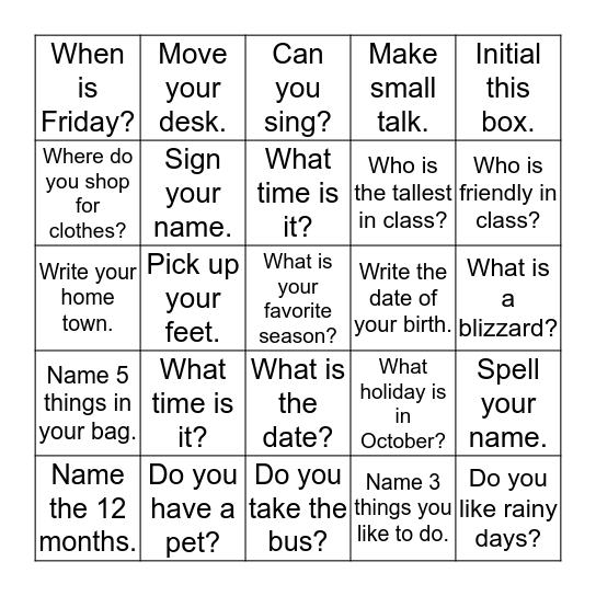 Conversation Bingo - Say or Do! Bingo Card