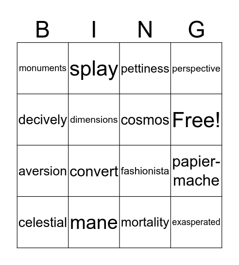 wonder words Bingo Card