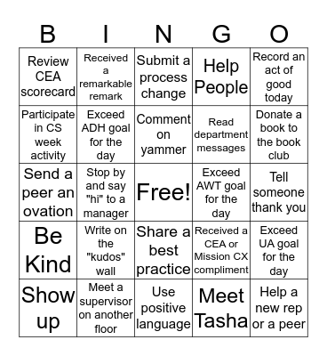 CCC Customer Service Week Bingo Card