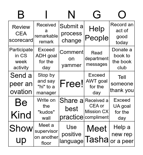 CCC Customer Service Week Bingo Card