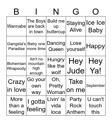 Hits of all time Bingo Card
