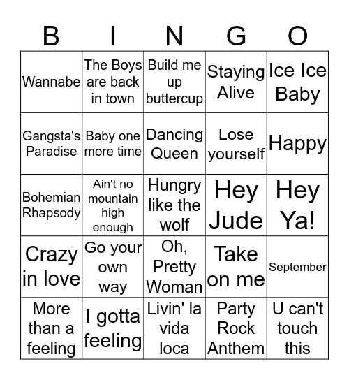Hits of all time Bingo Card